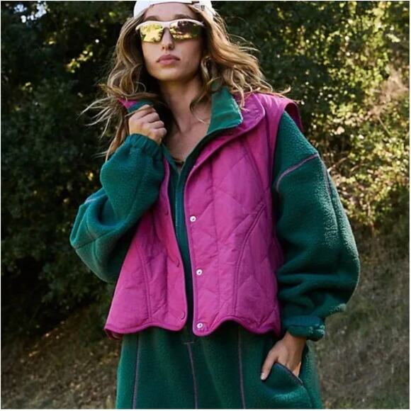FP Movement Free People Quinn Quilted Waistcoat Puffer Magenta Haze Combo Medium - Picture 1 of 13